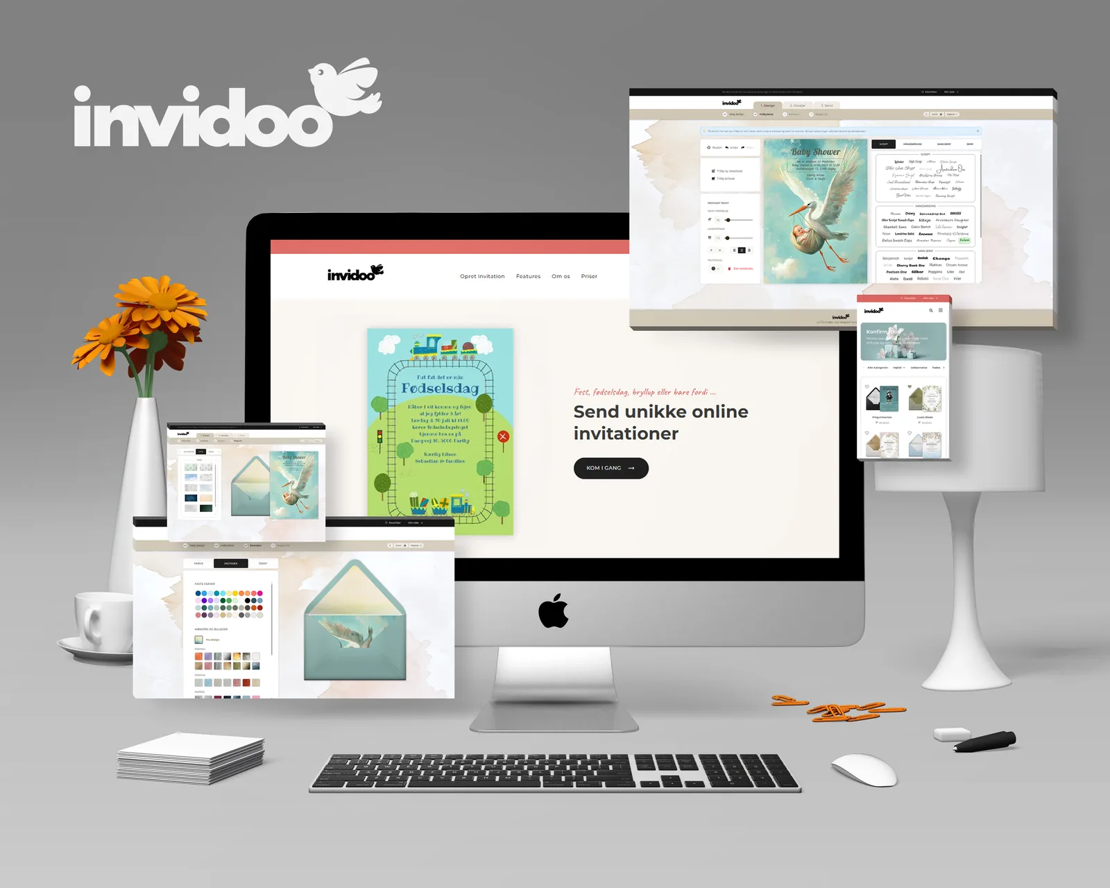 Skærmbilleder af invidoo.dk og invitationsdesigneren på computer, tablet og mobil